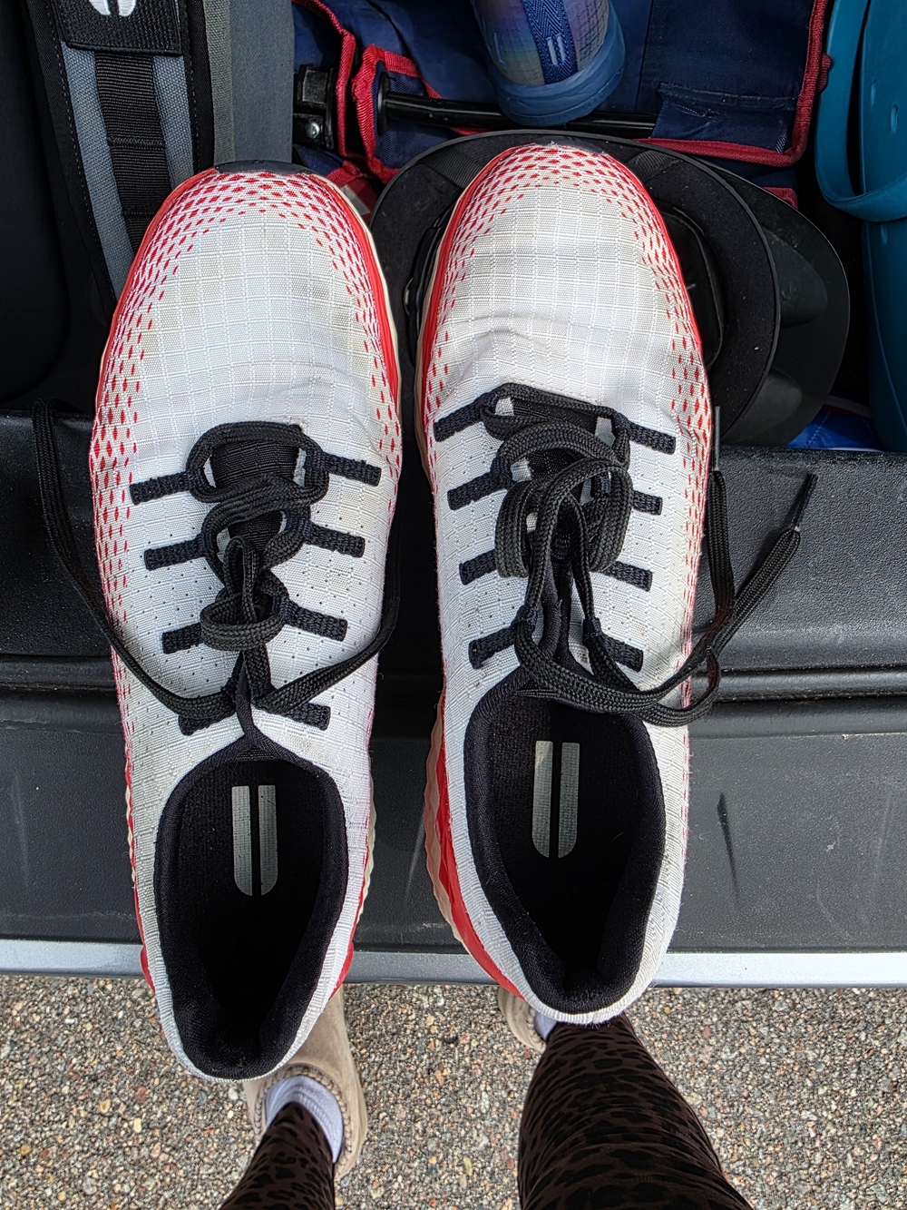 White and Red NO Bull Sneakers with Black Accents